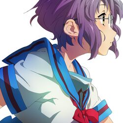  1girl aliasing blue_skirt commentary_request ears from_side glasses kita_high_school_uniform mogege_gk nagato_yuki neck_ribbon open_mouth orange_eyes over-rim_eyewear purple_hair red_neckwear ribbon school_uniform semi-rimless_eyewear serafuku shiny shiny_hair shirt short_hair short_sleeves sidelocks sideways_mouth simple_background skirt solo suzumiya_haruhi_no_shoushitsu suzumiya_haruhi_no_yuuutsu upper_body white_background white_shirt 