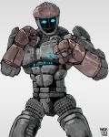  absurdres artist_name atom_(real_steel) blue_eyes character_name clenched_hands cropped_legs english_commentary grey_background highres looking_to_the_side mecha moku_(pintor09) no_humans real_steel science_fiction solo 