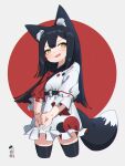  1girl animal_ear_fluff animal_ears bangs black_hair black_legwear commentary_request cropped_legs dress eyebrows_visible_through_hair fox_ears fox_girl fox_tail green_eyes grey_background highres interlocked_fingers kuro_kosyou long_hair o-ring original puffy_short_sleeves puffy_sleeves red_background short_sleeves solo stretch tail thigh-highs two-tone_background white_dress yui_(kuro_kosyou) 