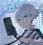  1boy ahoge black_gloves black_neckwear blue_eyes building cellphone closed_mouth cropped eyebrows_visible_through_hair facial_mark gloves grey_hair hair_between_eyes halo highres hinayuri holding holding_phone male_focus necktie original outdoors phone smile solo wings 
