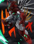  absurdres amakawa_mayu clouds cloudy_sky getter_arc getter_robo getter_robo_arc highres horns huge_filesize looking_at_viewer mecha no_humans open_hands open_mouth science_fiction sharp_teeth sky solo super_robot teeth yellow_eyes 