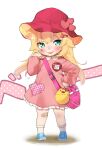  1girl :p akai_haato bag bandaid bandaid_on_leg blonde_hair blue_footwear blush child dress finger_to_eye full_body green_eyes hair_ornament hairclip hand_on_hip hat heart highres hololive kindergarten_uniform long_hair makinan name_tag pink_dress red_headwear safety_pin shoes socks solo tongue tongue_out virtual_youtuber younger 
