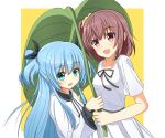  2girls bangs black_ribbon blue_eyes blue_hair blush brown_eyes brown_hair collarbone dress eyebrows_visible_through_hair hair_between_eyes hair_ornament hair_ribbon holding holding_umbrella komiya_nonoka long_hair long_sleeves looking_at_viewer multiple_girls noel_(sora_no_method) open_mouth red_eyes ribbon scrunchie short_hair short_sleeves side_ponytail sidelocks simple_background skirt smile sora_no_method tsukiko_neko two-tone_background two_side_up umbrella very_long_hair white_dress yuri 