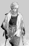  1boy belt gintama grey_background greyscale hair_between_eyes haori highres holding holding_sword holding_weapon japanese_clothes looking_at_viewer male_focus monochrome pants parted_lips sakata_gintoki sankomichi short_hair solo standing sword walking weapon 