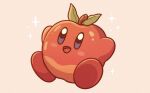  apple arms_up blue_eyes blush blush_stickers commentary english_commentary evergreenqveen food food_focus fruit full_body jpeg_artifacts kirby kirby_(series) looking_at_viewer no_humans pink_background shiny simple_background solo sparkle 