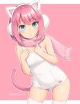  1girl animal_ears bare_arms bare_shoulders blue_eyes blush breasts cat_ears cat_tail closed_mouth covered_navel cowboy_shot earmuffs hairband hands_up leaning_to_the_side letterboxed looking_at_viewer medium_hair one-piece_swimsuit original paw_print pink_background pink_hair sasaame school_swimsuit small_breasts solo swimsuit tail thigh-highs twitter_username white_legwear white_swimsuit 