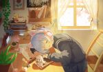  1girl absurdres animal_ears bangs blue_hair cake chair closed_eyes cup day desk flower food hair_ornament headphones highres indoors lamp long_sleeves one_eye_covered open_mouth painting_(object) paper pen pencil plant re:zero_kara_hajimeru_isekai_seikatsu rem_(re:zero) ribbon saliva school_uniform short_hair skirt sleeping solo window yorurui_sansan 