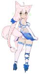 animal_ear_fluff animal_ears ass blue_bow blue_footwear blue_skirt blush bow bra braid bright_pupils closed_mouth commentary commission contrapposto elbow_gloves english_commentary fox_ears fox_tail from_behind full_body gloves green_eyes hair_between_eyes hair_bow halphelt high_heels highres kneepits long_hair looking_at_viewer looking_back miniskirt original panties pink_hair see-through simple_background skirt standing star_(symbol) tail tail_raised thigh-highs twin_braids underwear very_long_hair white_background white_bra white_gloves white_legwear white_panties white_pupils