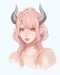  1girl artist_name clivenzu commentary completely_nude demon_girl demon_horns english_commentary highres horns looking_at_viewer mole mole_under_eye nude orange_eyes original pink_hair pink_lips pointy_ears portrait sanpaku simple_background solo tears white_background 
