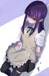  1girl arms_behind_back bangs black_legwear black_ribbon black_skirt blunt_bangs grey_apron hime_cut long_hair looking_away miniskirt neck_ribbon pleated_skirt purple_hair ribbon shiny shiny_hair shirt short_sleeves skirt solo soraao0322 standing straight_hair sweatdrop thigh-highs white_background white_shirt working!! yamada_aoi zettai_ryouiki 