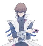  1boy artist_name bangs belt bracer brown_hair card coat commentary_request covered_collarbone grey_eyes hair_between_eyes holding holding_card kaiba_seto kinui_88 looking_at_viewer male_focus open_clothes open_coat popped_collar simple_background smile solo turtleneck watermark yu-gi-oh! 