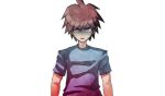  1boy ahoge brown_hair dangan_ronpa:_trigger_happy_havoc dangan_ronpa_(series) eyebrows feet_out_of_frame fullmoonrose7 gloom_(expression) hands_out_of_frame hospital_gown looking_at_viewer lowres naegi_makoto short_sleeves spiky_hair sweatdrop torso_only 