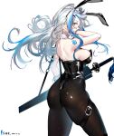  1girl absurdres animal_ears bare_shoulders black_legwear blue_eyes breasts contrapposto detached_collar highres katana large_breasts long_hair looking_at_viewer looking_back original pantyhose playboy_bunny pork_belly_(artist) rabbit_ears silver_hair skindentation solo sword tattoo thigh_strap weapon white_background wind wrist_cuffs 