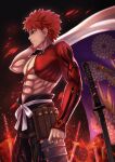  1boy absurdres arm_up closed_eyes dark_background embers fate_(series) fire highres looking_ahead muscular navel profile redhead ribbon sengo_muramasa_(fate) short_hair sword tachibana_yuu_(shika) weapon white_ribbon yellow_eyes 