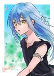  1girl androgynous armlet bangs black_shirt blue_hair border collarbone eyebrows_visible_through_hair floating_hair hair_between_eyes highres long_hair looking_at_viewer nukogami_(minniecatlove21) open_mouth outside_border rimuru_tempest shirt sleeveless sleeveless_shirt solo tensei_shitara_slime_datta_ken twitter_username upper_body very_long_hair white_border yellow_eyes 