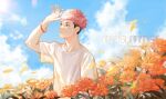  1boy alternate_costume black_hair brown_eyes casual facial_mark floral_background flower flower_request hand_up highres itadori_yuuji jujutsu_kaisen looking_to_the_side male_focus mo_si_(z1216150815) orange_flower petals pink_hair shirt short_hair solo spiky_hair sunlight undercut upper_body white_shirt 