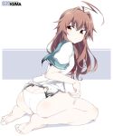  1girl ahoge ass bare_legs barefoot blush brown_eyes brown_hair character_name closed_mouth eyebrows_visible_through_hair hair_between_eyes huge_ahoge kantai_collection kuma_(kantai_collection) long_hair panties remodel_(kantai_collection) school_uniform serafuku shigino_sohuzi short_sleeves solo toes torn_clothes underwear white_panties 