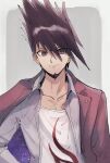  1boy bangs bojue_(hakus_1128) closed_mouth collarbone collared_shirt dangan_ronpa_(series) dangan_ronpa_v3:_killing_harmony facial_hair goatee grey_background grey_shirt hair_between_eyes highres jacket long_sleeves looking_at_viewer male_focus momota_kaito open_clothes open_jacket open_shirt pink_jacket print_shirt shiny shiny_hair shirt sketch smile solo space_print spiky_hair starry_sky_print upper_body white_background white_shirt 