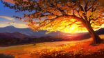  autumn autumn_leaves clouds commentary commission english_commentary evening highres landscape mathias_leth mountain mountainous_horizon nature no_humans original outdoors scenery sky still_life sunset tree wide_shot 