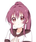  1girl :o ahoge bangs blush collarbone commentary eyebrows_visible_through_hair hair_between_eyes hands_on_own_chest hands_together hands_up highres long_hair looking_at_viewer mesushio nanamori_school_uniform ponytail purple_hair school_uniform shirt simple_background solo sugiura_ayano upper_body violet_eyes white_background white_shirt yuru_yuri 
