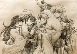  2boys 3girls armor asymmetrical_clothes family father_and_daughter greyscale han&#039;you_no_yashahime highres higurashi_towa inuyasha jaken japanese_clothes kimono monochrome mother_and_daughter multiple_boys multiple_girls oooranje_nlj parent_and_child pelt rin_(inuyasha) sesshoumaru setsuna_(inuyasha) sketch smile 