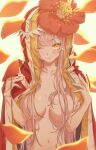 1girl bangs bare_shoulders blush breasts breasts_apart cloak fate/grand_order fate_(series) highres hong large_breasts long_hair looking_at_viewer medb_(fate)_(all) medb_(fate/grand_order) naked_cloak no_bra petals pink_hair red_cloak tiara yellow_eyes