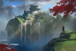  1other black_hair cape cliff clouds cloudy_sky commentary_request day fantasy full_body long_hair mountain original outdoors red_cape satoru_wada scenery shrine signature sky solo standing water waterfall 