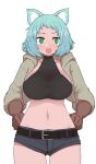  1girl @_@ animal_ears belt black_belt blue_hair blush breasts brown_gloves cat_ears closed_mouth fang gloves green_eyes grey_jacket grey_shorts hands_on_hips highres jacket large_breasts looking_at_viewer navel open_clothes open_jacket open_mouth original short_shorts shorts simple_background solo standing stomach sumiyao_(amam) white_background wide-eyed 