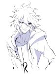  1boy aderu arm_at_side bangs collarbone cropped_torso dangan_ronpa_(series) dangan_ronpa_2:_goodbye_despair grey_eyes hair_between_eyes hood hood_down hooded_jacket jacket komaeda_nagito long_sleeves looking_at_viewer male_focus messy_hair open_clothes open_jacket parted_lips print_shirt shirt simple_background sketch solo spot_color upper_body white_background 