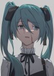  1girl aqua_eyes aqua_hair backlighting black_ribbon blood blood_on_face commentary grey_background hair_ribbon hatsune_miku long_hair open_mouth portrait ribbon shirt solo suspenders twintails vocaloid white_shirt wounds404 