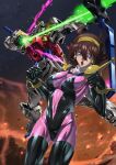  1girl absurdres blue_eyes breasts brown_hair clenched_hand covered_navel energy_arrow g_gundam gundam hairband highres huge_filesize looking_at_viewer mecha medium_breasts mobile_trace_suit open_mouth paintedmike rain_mikamura rising_gundam short_hair skin_tight v-fin yellow_hairband 