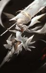  1girl armor blonde_hair cape closed_mouth falling_feathers fantasy feathers greaves hair_over_one_eye head_wings highres holding holding_sword holding_weapon huge_weapon knight long_hair original over_shoulder pointy_ears red_eyes solo sword tuda6 vambraces weapon weapon_over_shoulder white_cape white_feathers wings 