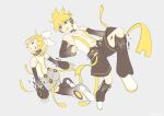  1boy 1girl aqua_eyes bangs bare_shoulders bass_clef belt black_shorts black_sleeves blonde_hair bow choker commentary detached_sleeves digital_dissolve floating from_behind full_body grey_background hair_bow hair_ornament hairclip head_tilt headphones kagamine_len kagamine_len_(append) kagamine_rin kagamine_rin_(append) leg_warmers looking_at_another one_eye_closed open_mouth pendant_choker see-through_legwear see-through_sleeves shirt short_hair short_ponytail shorts sinaooo sleeveless sleeveless_shirt smile spiky_hair swept_bangs vocaloid vocaloid_append white_bow white_shirt 