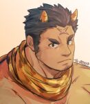  1boy blush brown_hair chest_hair face facial_hair highres horns ina_zuma looking_at_viewer male_focus muscular muscular_male oni_horns oniwaka_(tokyo_houkago_summoners) portrait scar_on_forehead scarf short_hair sideburns simple_background solo stubble thick_eyebrows tokyo_houkago_summoners upper_body white_background yellow_scarf 