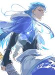  1boy belt blue_hair bracelet capelet closed_mouth cu_chulainn_(fate)_(all) cu_chulainn_(fate/grand_order) earrings fate/grand_order fate_(series) floating_hair from_side fur-trimmed_hood fur_trim hood hood_down hooded_capelet iz_izhara jewelry lens_flare long_hair looking_at_viewer male_focus red_eyes skin_tight solo spiky_hair type-moon 