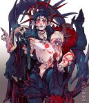  1boy blue_hair bodypaint cape cu_chulainn_(fate)_(all) cu_chulainn_alter_(fate/grand_order) curled_horns dark_blue_hair dark_persona extra_arms extra_ears extra_eyes extra_mouth facepaint fate/grand_order fate_(series) fingernails fur-trimmed_cape fur_trim hair_down hand_in_hair highres horns knee_up long_hair long_tongue looking_at_viewer male_focus monster_boy multiple_horns muscular nail_polish nipples pointy_ears red_eyes red_nails servant_of_fate sharp_fingernails sharp_teeth shirtless skin_tight slit_pupils smile solo spikes tail teeth tongue tongue_out torn_cape torn_clothes type-moon veins 