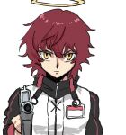  aiming_at_viewer arknights exusiai_(arknights) gun gundam gundam_00 halo highres id_card jacket looking_at_viewer namesake ordriver raglan_sleeves redhead setsuna_f_seiei simple_background upper_body weapon white_jacket yellow_eyes 