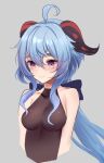  1girl ahoge bangs bare_shoulders black_bow blue_hair blush bow breasts brown_bodysuit closed_mouth collarbone covered_collarbone cropped_torso curled_horns eyebrows_visible_through_hair ganyu_(genshin_impact) genshin_impact grey_background hair_between_eyes hair_bow horns looking_away medium_breasts osisio simple_background smile solo upper_body violet_eyes 