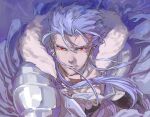  1boy angry armor blue_hair capelet close-up closed_mouth cu_chulainn_(fate)_(all) cu_chulainn_(fate/grand_order) earrings fate/grand_order fate_(series) floating_hair fur-trimmed_hood fur_trim hood hood_down hooded_capelet hoop_earrings iz_izhara jewelry long_hair male_focus multiple_earrings pauldrons red_eyes shoulder_armor solo spiky_hair type-moon 
