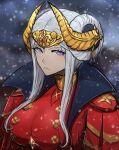  1girl blue_eyes breasts cape closed_mouth crown edelgard_von_hresvelg fire_emblem fire_emblem:_three_houses gloves hair_ornament highres horns long_hair long_sleeves looking_at_viewer omiza_somi red_cape simple_background solo white_hair 