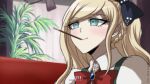  1girl bangs black_bow blonde_hair blue_eyes blush bow bowtie braid collared_shirt commentary criis-chan dangan_ronpa_(series) dangan_ronpa_2:_goodbye_despair dress eyebrows_visible_through_hair food french_braid green_dress hair_bow long_hair mouth_hold plant pocky ponytail portrait puffy_short_sleeves puffy_sleeves red_bow red_neckwear ribbon shirt short_sleeves smile solo sonia_nevermind tanaka_gandamu watermark web_address 