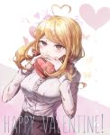  1girl ahoge akamatsu_kaede alternate_costume alternate_hairstyle bangs blonde_hair blush box breasts center_frills commentary_request dangan_ronpa_(series) dangan_ronpa_v3:_killing_harmony eyebrows_visible_through_hair frills goto_(sep) hair_ornament hairclip hands_up happy_valentine heart heart_ahoge heart_hair_ornament holding holding_box large_breasts long_hair long_sleeves looking_at_viewer low_twintails shirt shirt_tucked_in skirt smile solo twintails valentine violet_eyes white_shirt x_hair_ornament 
