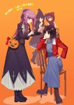  4girls absurdres animal_ears asagami_fujino black_hair boots brown_eyes cat_ears chair cosplay costume dress frankenstein&#039;s_monster frankenstein&#039;s_monster_(cosplay) hair_up halloween hat highres jack-o&#039;-lantern jacket japanese_clothes kara_no_kyoukai kimono kokutou_azaka long_hair multiple_girls okakasushi ponytail purple_hair red_eyes red_jacket ryougi_shiki seo_shizune sitting stitches witch_hat yukata 