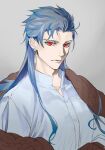  1boy alternate_costume blue_hair buttons close-up cu_chulainn_(fate)_(all) cu_chulainn_(fate/grand_order) earrings expressionless fate/grand_order fate_(series) iz_izhara jewelry long_hair male_focus multiple_piercings red_eyes simple_background solo spiky_hair type-moon 