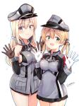  2girls armor bismarck_(kantai_collection) blonde_hair blue_eyes blush breasts closed_mouth coat collarbone covered_collarbone cowboy_shot double-breasted drop_shadow eyebrows_visible_through_hair gloves green_eyes hair_between_eyes halterneck hands_up hat kantai_collection long_hair looking_at_viewer medium_breasts multiple_girls open_hands open_mouth palms prinz_eugen_(kantai_collection) shiitake_taishi short_twintails sideboob signature simple_background skirt smile sparkle thigh-highs twintails waving white_background 