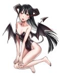  1girl akushitsu_ningen bare_shoulders barefoot black_hair black_nails blush collarbone covered_navel demon_girl demon_horns demon_tail demon_wings fingernails highres horns leotard long_hair open_mouth orange_eyes original simple_background solo succubus tail teeth toenails tongue upper_teeth white_background wings 