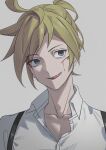  1boy blood blood_on_face blue_eyes collarbone commentary cuts grey_background injury kagamine_len licking_lips male_focus portrait shirt short_ponytail sideways_glance smile solo spiky_hair suspenders tongue tongue_out vocaloid white_shirt wounds404 