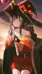  1girl bandages bangs bare_shoulders belt black_belt black_cape black_choker black_gloves black_hair black_headwear blurry blurry_background blush cape choker closed_mouth collarbone commentary_request contrapposto cowboy_shot dress fingerless_gloves frown gloves hat highres holding holding_staff kanzi kono_subarashii_sekai_ni_shukufuku_wo! long_sleeves looking_at_viewer megumin off-shoulder_dress off_shoulder outdoors red_dress red_eyes short_hair solo staff sunset witch_hat 