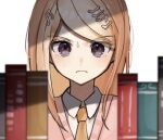 1girl ahoge akamatsu_kaede bangs blonde_hair blurry blurry_foreground book breasts closed_mouth collared_shirt dangan_ronpa_(series) dangan_ronpa_v3:_killing_harmony depth_of_field eighth_note eyebrows_visible_through_hair hair_ornament long_hair looking_at_viewer mdr_(mdrmdr1003) musical_note musical_note_hair_ornament necktie orange_neckwear pink_vest red_eyes shirt simple_background solo upper_body vest white_background white_shirt 