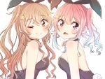  2girls alternate_hairstyle animal_ears black_leotard blue_hair breasts brown_eyes bunny_tail commentary_request duplicate gradient_hair harusame_(kantai_collection) heart_lock_(kantai_collection) kantai_collection leotard light_brown_hair long_hair looking_at_viewer medium_breasts multicolored_hair multiple_girls murasame_(kantai_collection) one_eye_closed pink_hair playboy_bunny rabbit_ears red_eyes remodel_(kantai_collection) ren_kun side_ponytail simple_background small_breasts strapless strapless_leotard tail upper_body wavy_hair white_background 